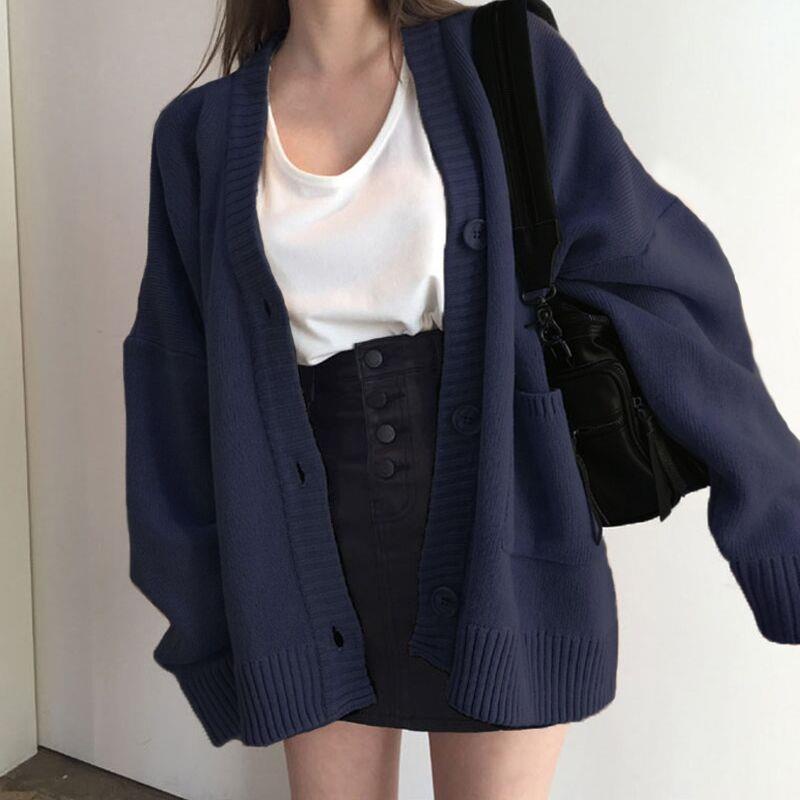 Áo Khoác Cardigan Dệt Kim Cổ Chữ V Dáng Rộng Màu Xanh Navy / Đen Thời Trang Cho Nữ