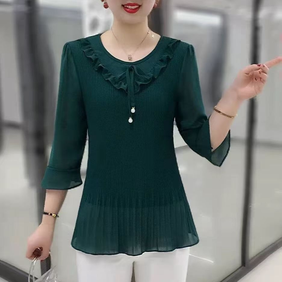 Áo Sơ Mi Tay Lửng Cổ Tròn Xếp Ly Màu Trơn Thời Trang Xuân Hè Dành Cho Nữ Plus Size