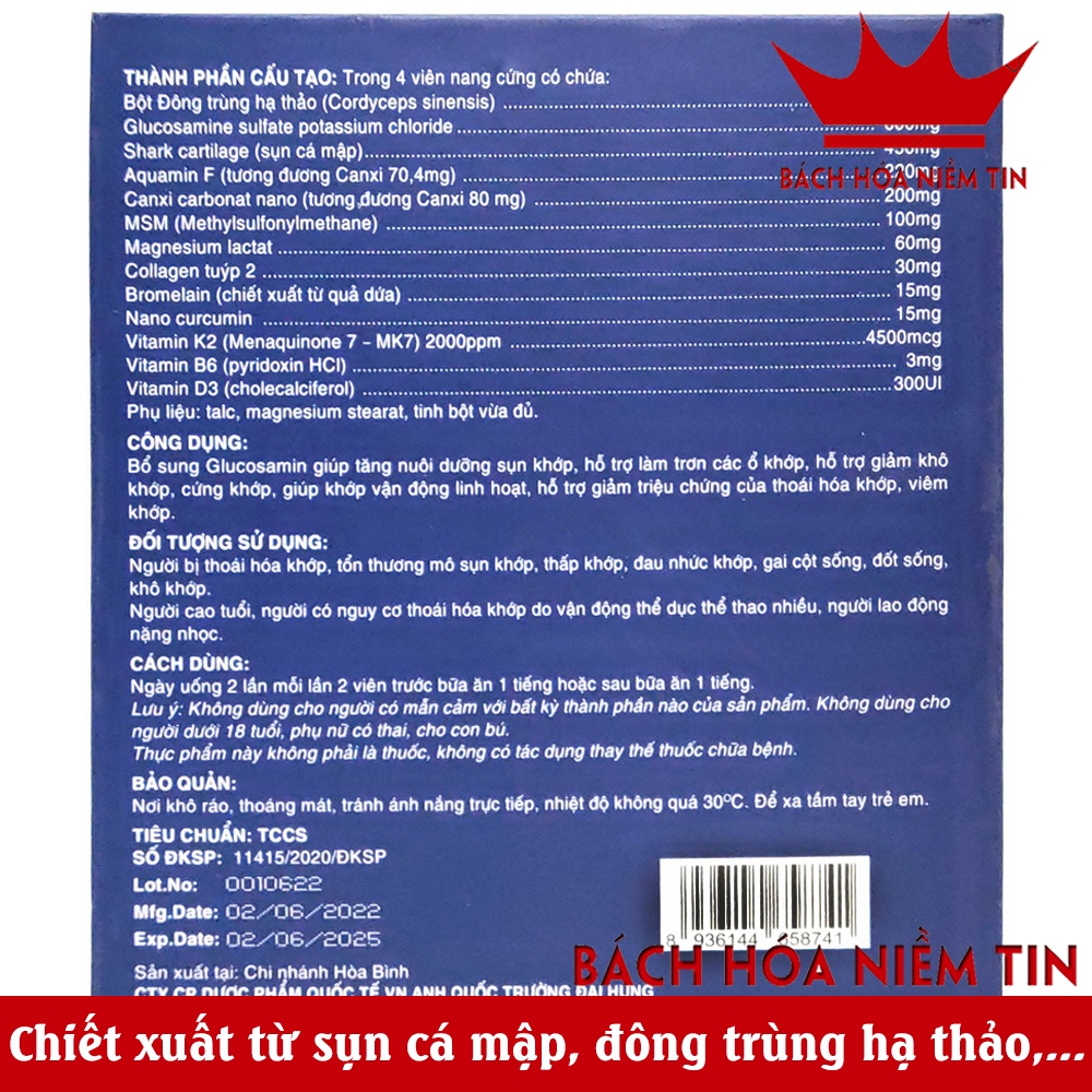 Viên uống bổ xương khớp Đông Trùng Hạ Thảo Sụn Cá Mập - Canxi nano MK7 - giúp xương chắc khỏe, giảm đau nhức khớp