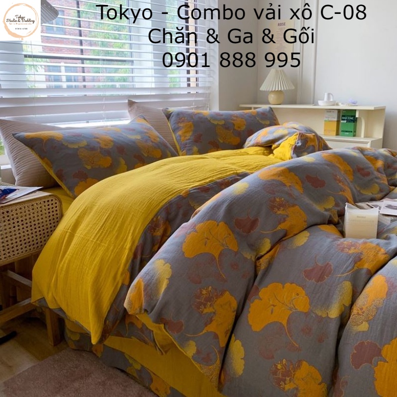 BST Thu Đông _ Vỏ Chăn Ga Gối vải Xô Organic cotton dòng cao cấp hoạ tiết lá vàng mùa Thu