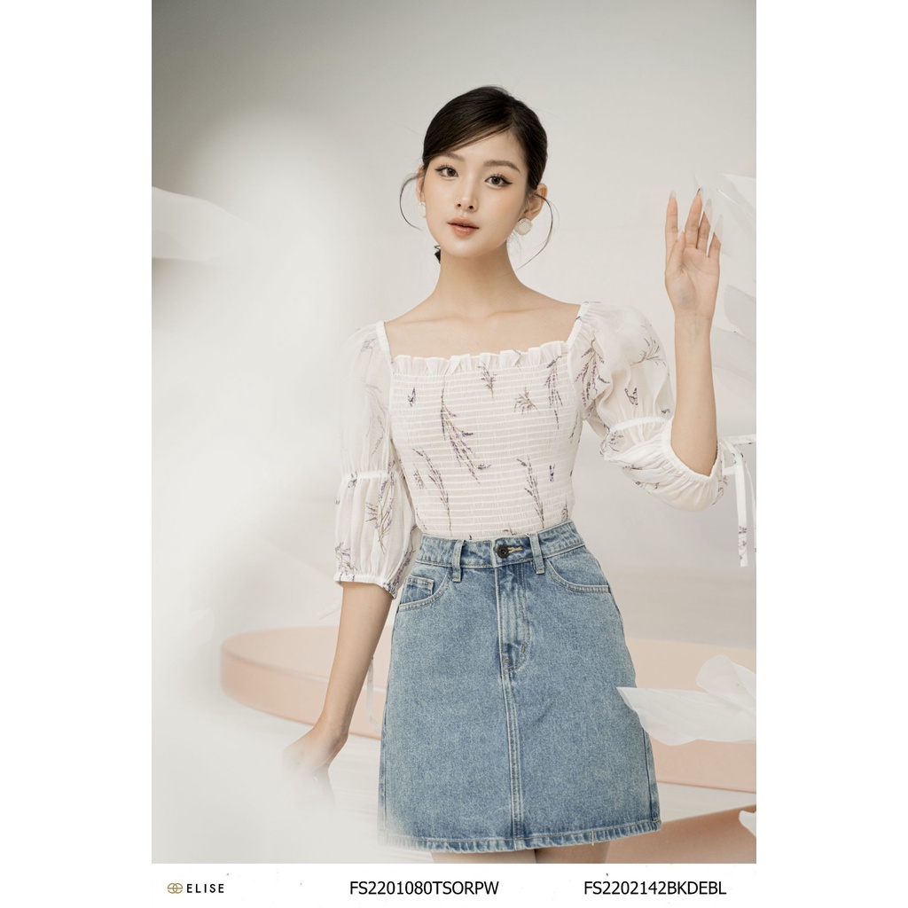 Áo sơ mi tơ trắng lavender thân chun thiết kế Elise FS2201080TSORPW
