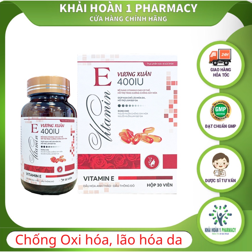 Viên uống VITAMIN E VƯƠNG XUÂN giúp cơ thể bổ sung Vitamin E tăng cường chống oxi hoá, lão hoá làm đẹp da - hộp 30 viên