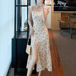 Váy hai dây hoa nhí vintage, đầm hoa nhí dáng dài xẻ tà đuôi cá thanh lịch