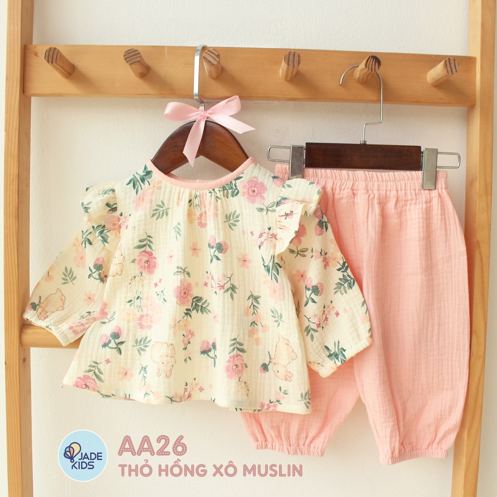 Bộ dài tay, quần áo dài tay bé gái áo và quần chất liệu vải xô musline họa tiết xinh yêu chất vải mềm mát cho bé gái