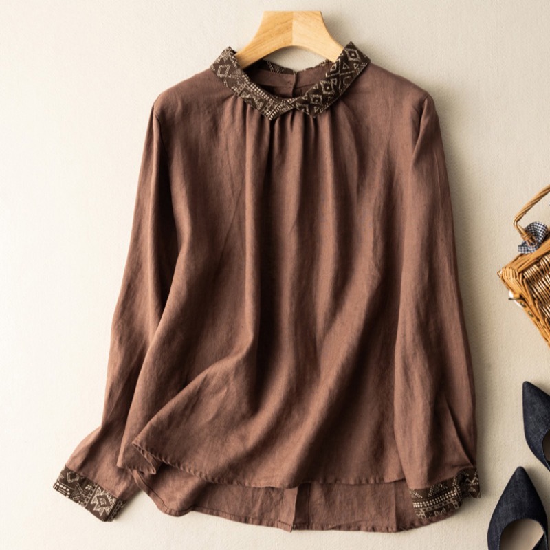 Áo Thun Cotton Lanh Tay Dài Cổ Cắt Nhãn Hiệu Ý Màu Sắc Tương Phản Phong Cách Retro Dành Cho Nữ