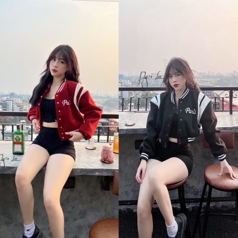 áo khoác bóng chày croptop xọc trắng