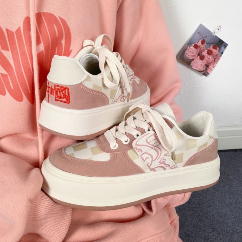 Giày thể thao nữ đế bánh mì basic tăng chiều cao dễ phối đồ,sneaker ulzzang nữ hoạ tiết caro học sinh hàng đẹp