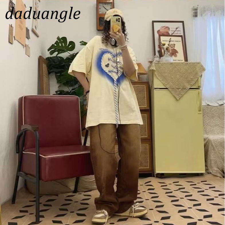 Quần jean Daduhey ống rộng lưng cao họa tiết chữ phong cách retro thời trang Mỹ