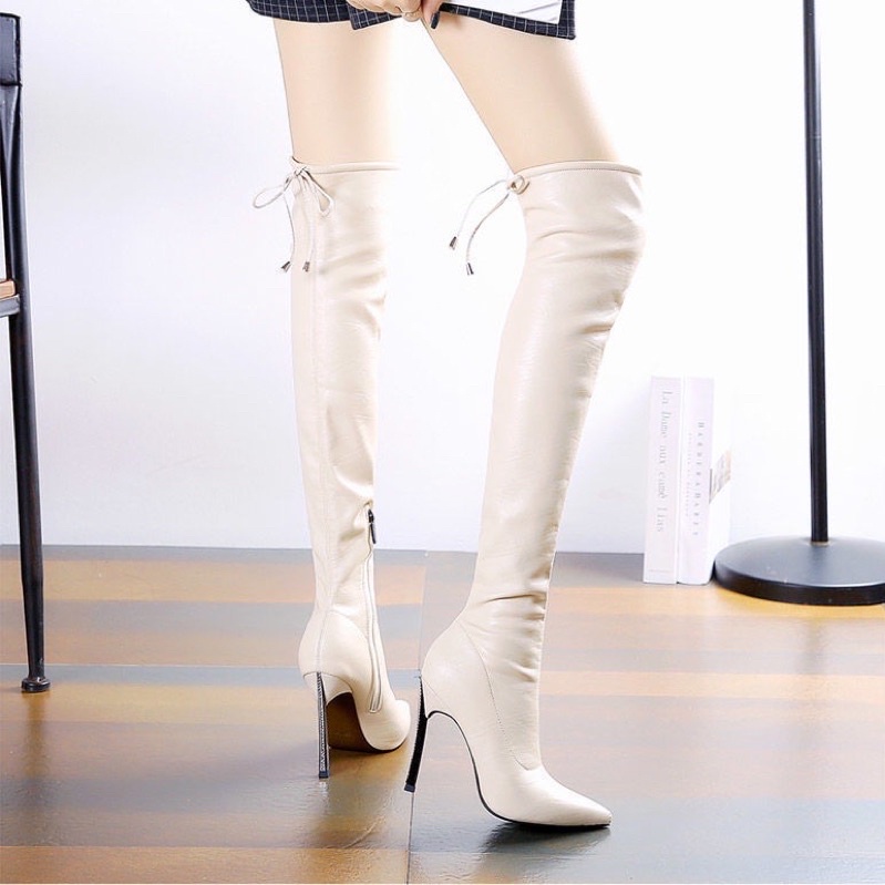 Boot Đùi Da Mềm Qua Gối Cao Cấp YIMI Gót Nhọn Đính Đá 9cm sang chảnh