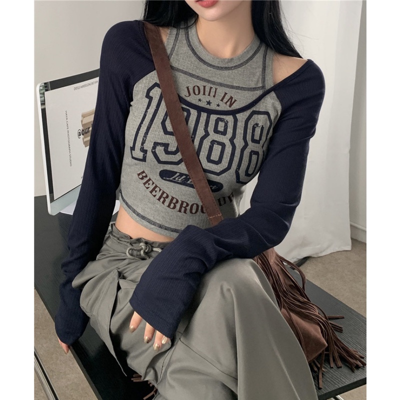 Áo Thun Dài Tay In Chữ Phối Màu Tương Phản Thời Trang Cho Nữ