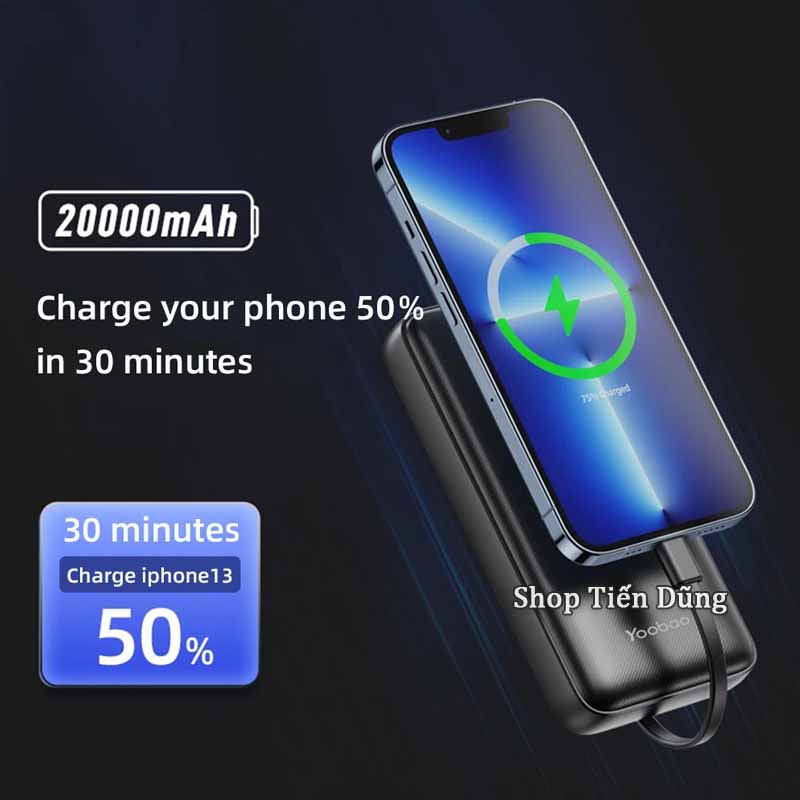 Sạc dự phòng nhanh 20w kèm dây sạc Yoobao LC5 dung lượng 20000mAh sạc nhanh PD có sẵn dây sạc, nhỏ gọn, tiện lợi