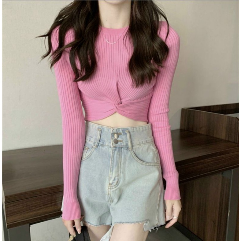 Áo thun croptop tay dài xoắn bụng siêu hot(A15
