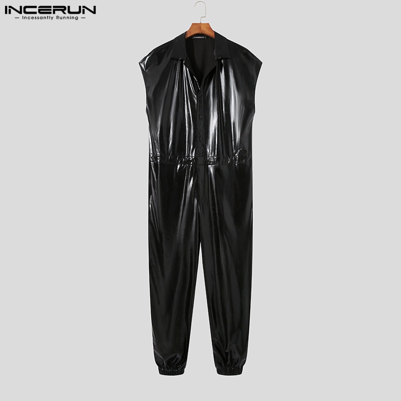 Incerun Bộ Áo Liền Quần Giả Da Dáng Rộng Không Tay Ướt Nhìn Phong Cách Hippie Cho Nam