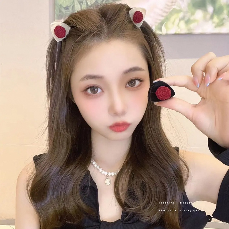 Set 2 Kẹp Tóc Hình Tai Mèo Đính Hoa Hồng Phong Cách Retro