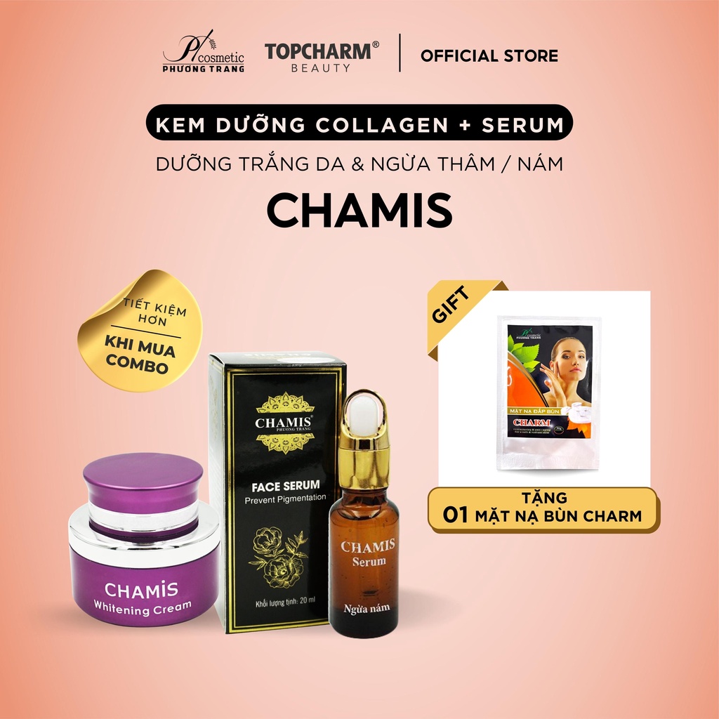 Combo Kem Dưỡng Trắng Và Serum CHAMIS Tạm Biệt Nám Tàn Nhang Đem Lại Làn Da Sáng Mịn Rạng Rỡ Tặng Mặt Nạ Lột Mụn