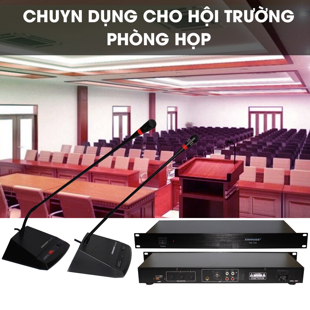 Micro hội nghị Sunrise SM-100, trọn bộ micro cổ ngỗng gồm 3 phân loại, máy chủ, mic chính, mic phụ