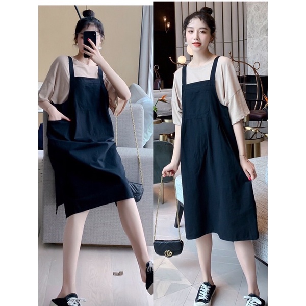 Váy Bầu Yếm mùa Hè dáng Hàn Quốc Yếm và Áo Thun mặc qua gối Chất liệu mềm mịn size từ 45kg đến 70kg