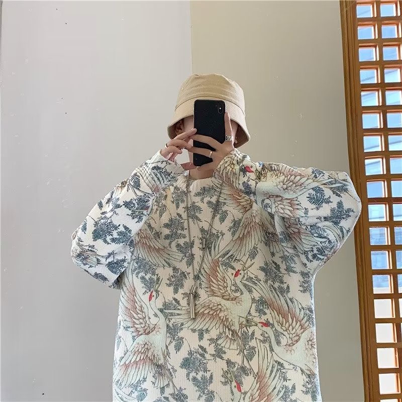 Áo Sweater Dệt Kim Cổ Tròn Dáng Rộng In Hình Chim Hạc Kiểu Trung Hoa Thời Trang Mùa Thu Cho Nam [M-2XL]