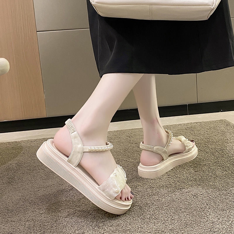 Giày Sandal Đế Bệt Quai Đính Ngọc Trai Thời Trang Mùa Hè 2022 Dành Cho Nữ