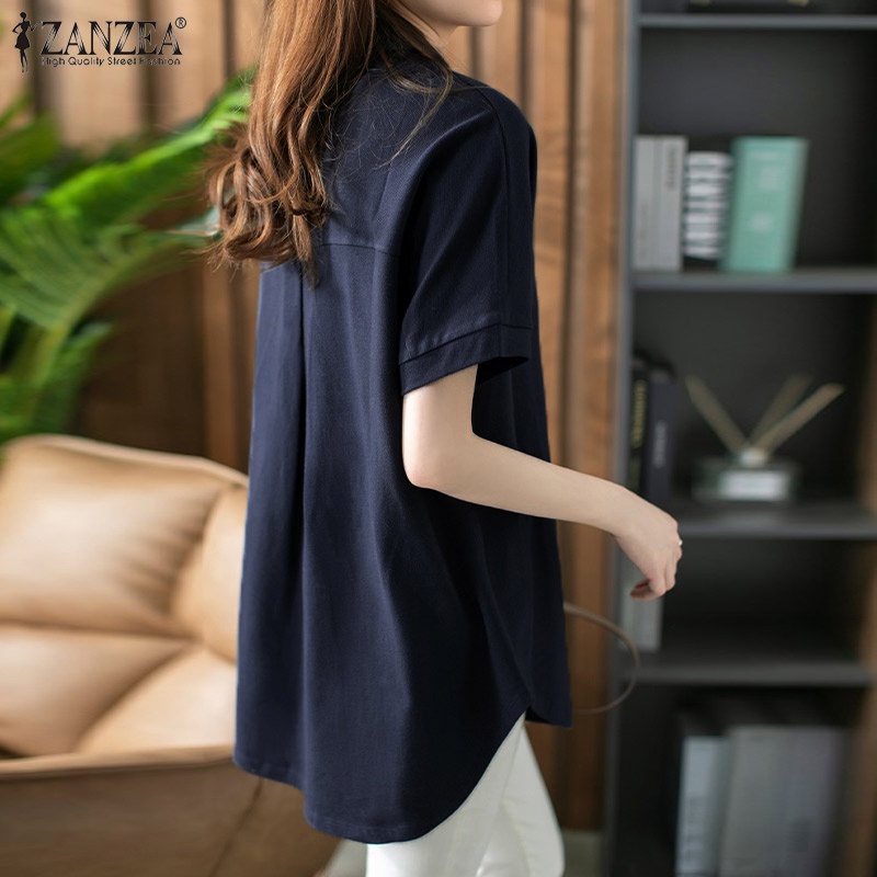 Áo kiểu nữ ZANZEA tay ngắn màu trơn phong cách Hàn Quốc