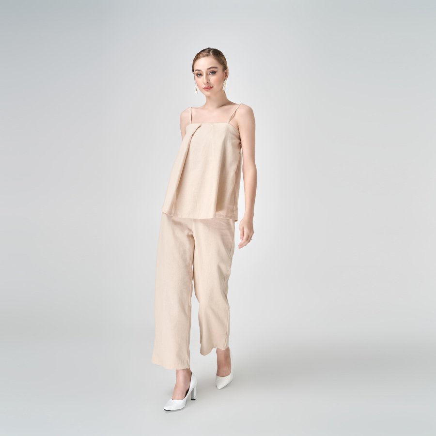 Sét bộ đũi nữ áo 2 dây quần suông lưng thun CHICOSTA màu Nude