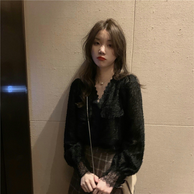 Áo ren SUXI tay dài cổ chữ V màu trơn phong cách vintage thời trang Hàn Quốc