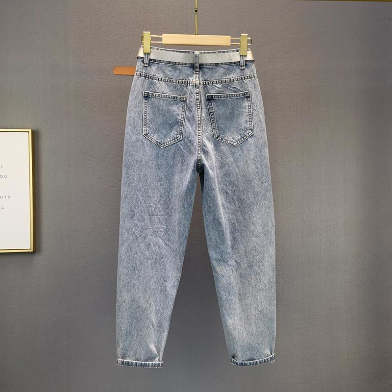 Quần Jean Baggy Lưng Cao Dáng Rộng Phối Rách Đính Hạt Cá Tính Cho Nữ