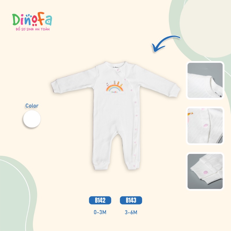 Jumpsuit cho bé 0-6m màu trắng, Bodysuit dài tay cho bé cotton, quần áo sơ sinh họa tiết cầu vồng, cúc bên_B140-B143