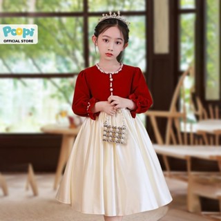 Váy Công Chúa Bé Gái Poopi Dài Tay Vải Nhung Đỏ Cho Bé Đi Chơi Dự Tiệc