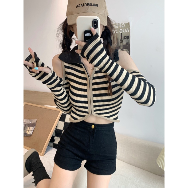 Porozi  Áo cardigan nữ dệt kim trễ vai họa tiết kẻ sọc thời trang Hàn Quốc