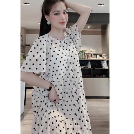 Đầm Bầu thiết kế Công Sở Mùa Hè Chất Voan Tơ Họa Tiết Chấm Bi 2 Lớp mềm mát thoải mái
