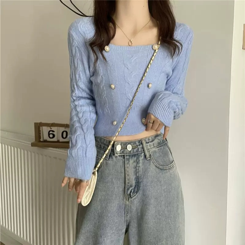 ZHELIHANGFEI Áo Sweater Dệt Kim Tay Dài Cổ Vuông Eo Cao Kiểu Pháp Quyến Rũ