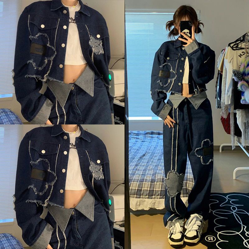 Set Áo Khoác Denim + Quần Denim Ống Rộng Thời Trang Nữ