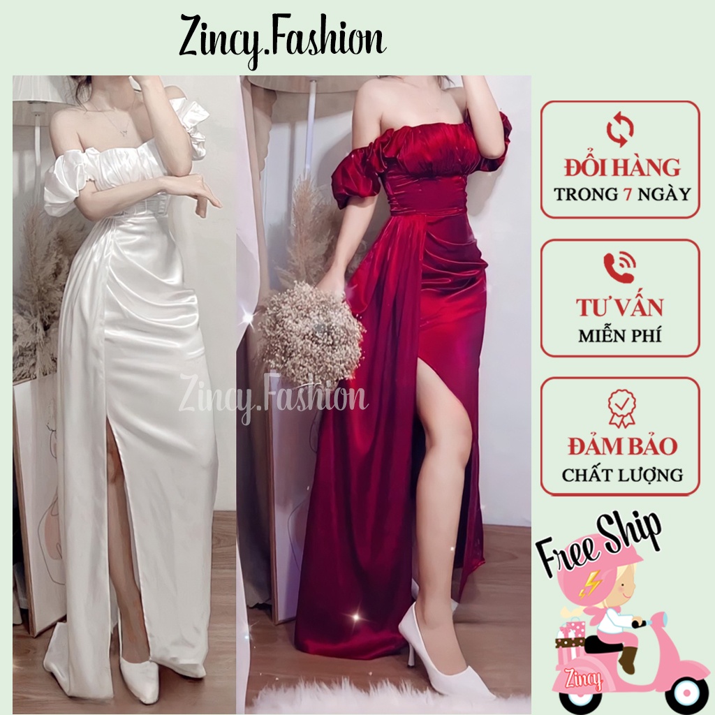 Đầm dạ hội cúp ngực xẻ tà dáng dài Váy đi tiệc trễ vai đắp tà dài thiết kế sang trọng Zincy DDHD01