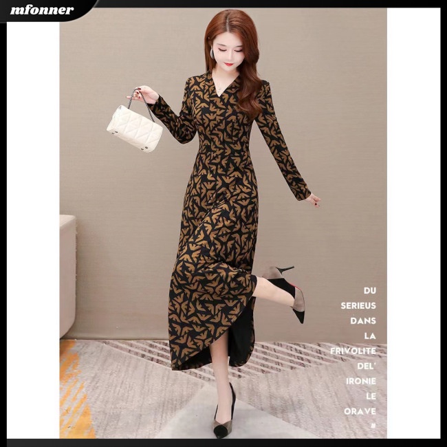 Đầm Dài Tay Cổ Chữ V Eo Cao In Hoa Thanh Lịch Dành Cho Nữ