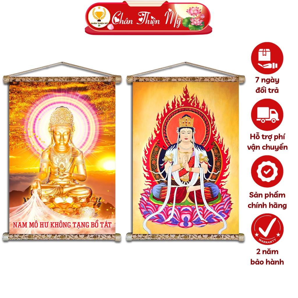 Tranh Phật Treo Tường Hư Không Tạng Bồ Tát CHÂN THIỆN MỸ, Chất Liệu Vải Lụa Kim Sa Khung Gỗ 40x60cm CHKTBT-01