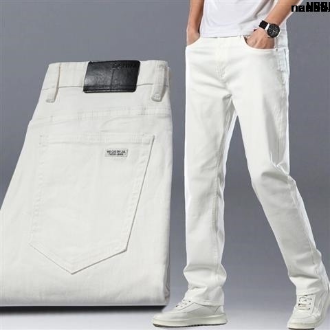 > Quần Denim Cotton Ống Đứng Rộng Màu Trắng Trái Đất Dáng Suông Co Giãn Hợp Thời Trang Mùa HèQuần Dài Mỏng Màu Trơn Thời Trang Trẻ Trung Cho Nam