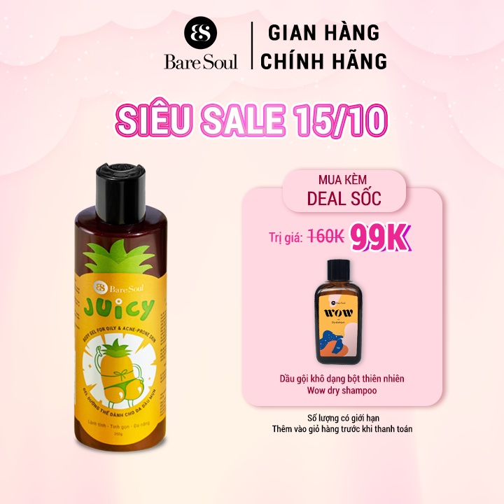 Gel dưỡng thể ngừa viêm lỗ chân lông và mụn cơ thể AHA 7% BareSoul Body Gel For Oily & Acne-Prone Skin Juicy 250gr