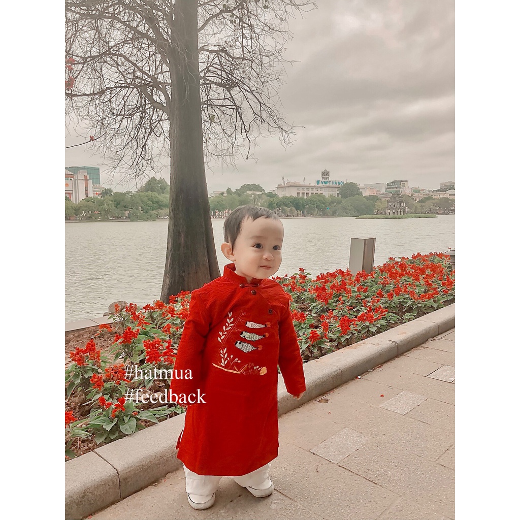 Áo dài bé trai Đại Lộc vải đũi mềm mát thấm hút mồ hôi thêu hình cá