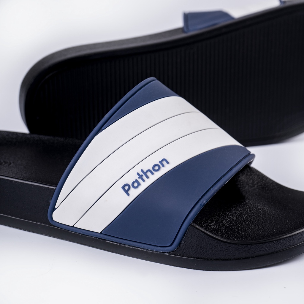 (Đế nhám) Dép nam nữ quai ngang slipper Pathon quai PVC và đế PU đen quai trắng in chữ Pathon phối xanh đen SD75NHAM