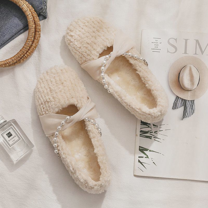 Giày Đế Bằng Phối Lông Nhung Dễ Thương Xinh Xắn Dành Cho Nữ