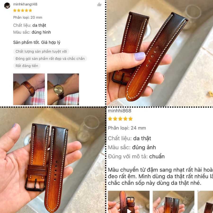 Dây Đồng Hồ Da Bò Nam 19mm 20mm 21mm 22mm 24mm, Da Thật, Handmade, Chống Nước, Chính Hãng, Màu Chuyển Sắc, BH 12 Tháng