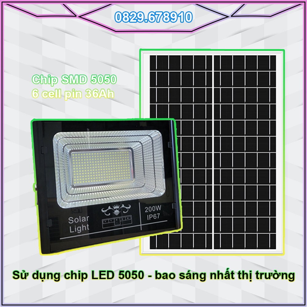 Đèn pha năng lượng mặt trời 200W - sử dụng chip LED cao áp 5050 sáng hơn 30% các sản phẩm cùng loại (6 cell pin 36Ah)