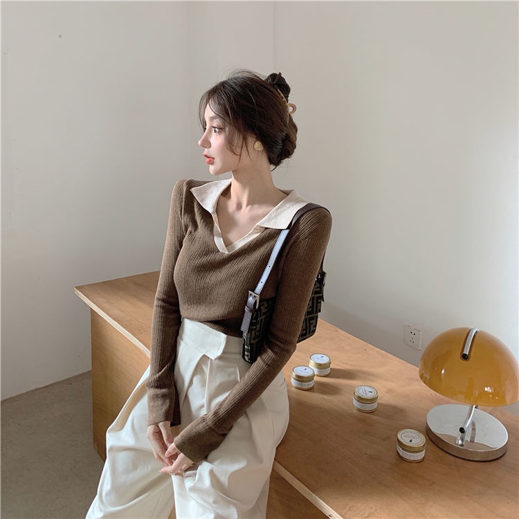 Áo Dệt Kim Nữ Tay Dài Cổ Chữ V Màu Trơn Phong Cách Mới