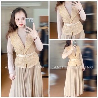 Set váy thun chân dập li kèm áo dạ tweed