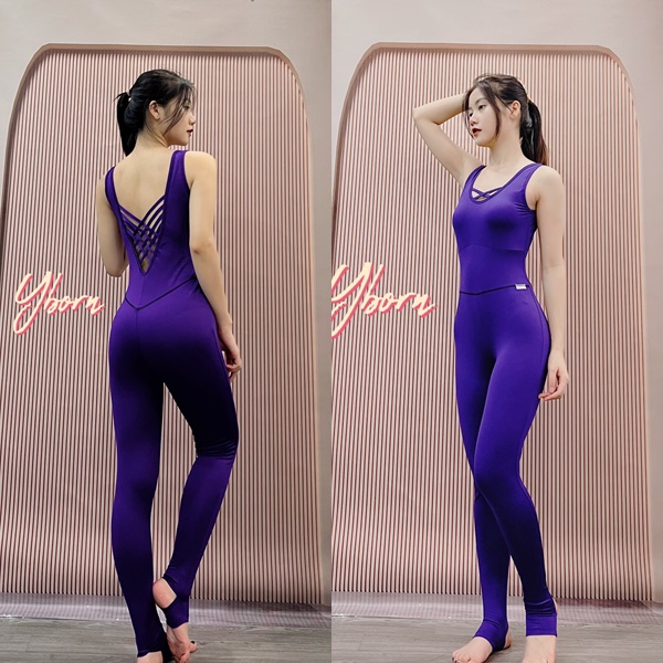 Bộ tập yoga jumpsuit Yborn đan dây màu tím có đạp gót, thun siêu co giãn 4 chiều