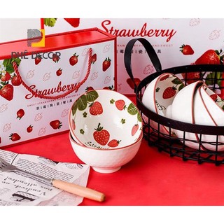 Bộ 6 bát gốm sứ hình dâu tây tặng kèm 6 đôi đũa, kèm hộp