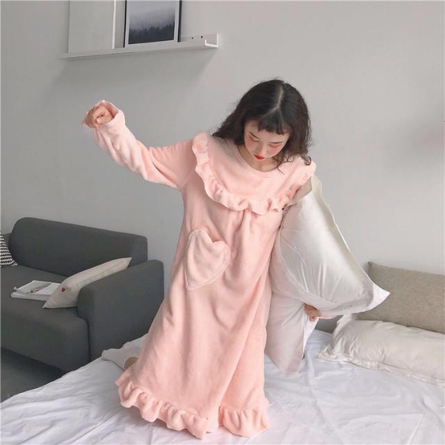 Hàng Có Sẵn Đầm Ngủ Dài Vừa Phải Bằng Vải Flannel Phong Cách Hàn Quốc Ngọt Ngào Dễ Thương Giữ Ấm Mùa Thu Đông