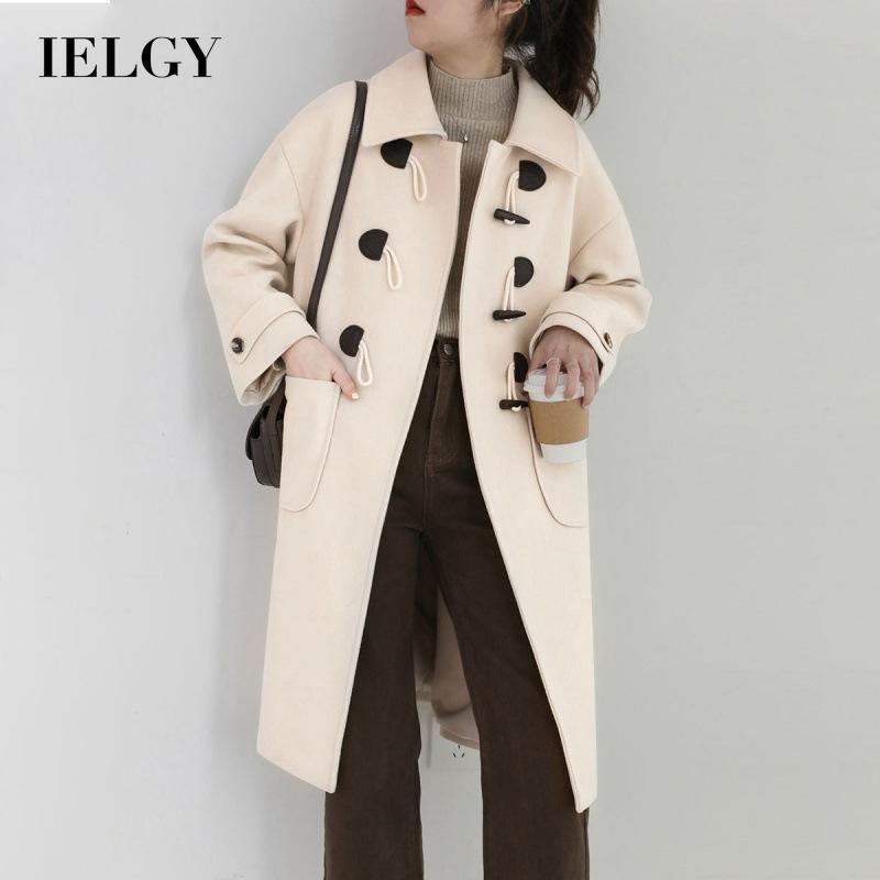 IELGY   Áo Khoác Len Dáng Dài Phối Nút Phong Cách retro Nhật Bản