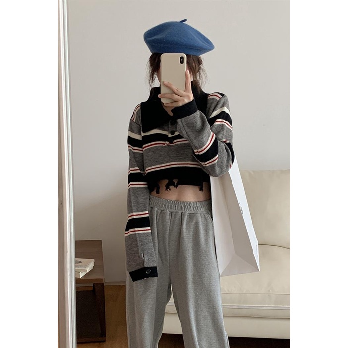 Áo Thun Polo Dệt Kim Tay Dài Họa Tiết Kẻ Sọc Màu Tương Phản Phong Cách Vintage Dành Cho Nữ